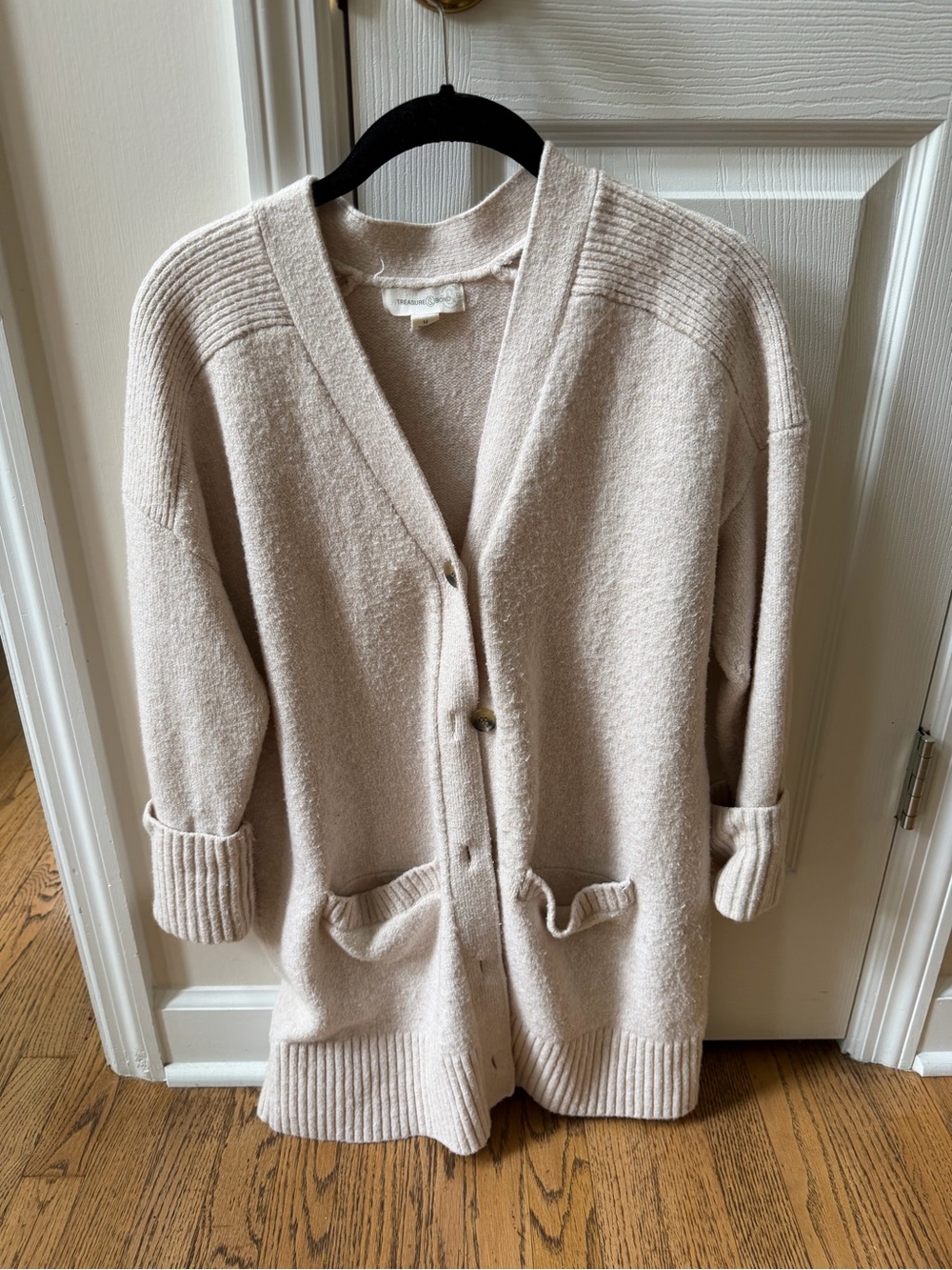 Treasure & Bond Oatmeal Beige Longline V-Neck Cardigan Sweater Pockets Size M